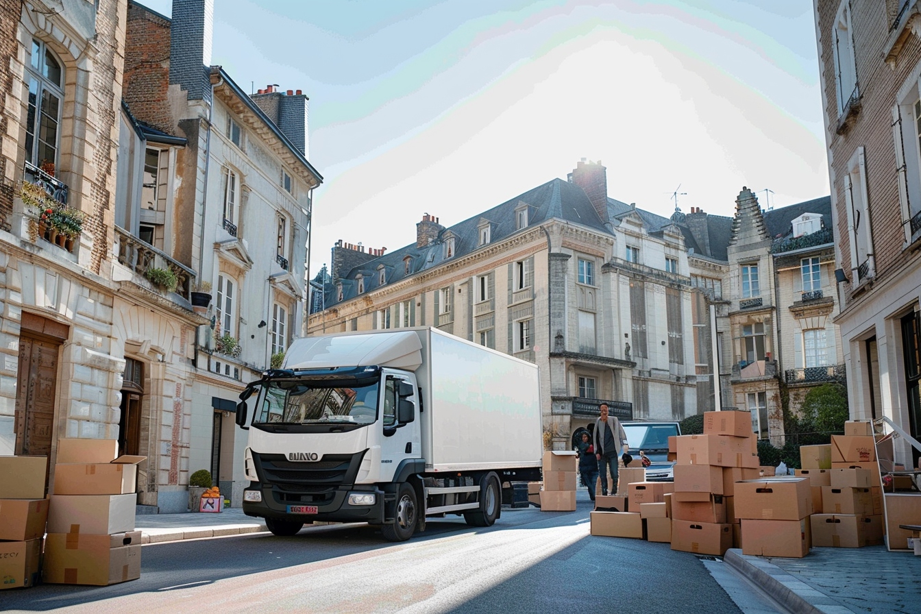 Camion de déménagement stationné à La Roche sur Yon avec une carte consulaire en main pour une installation géolocalisée réussie