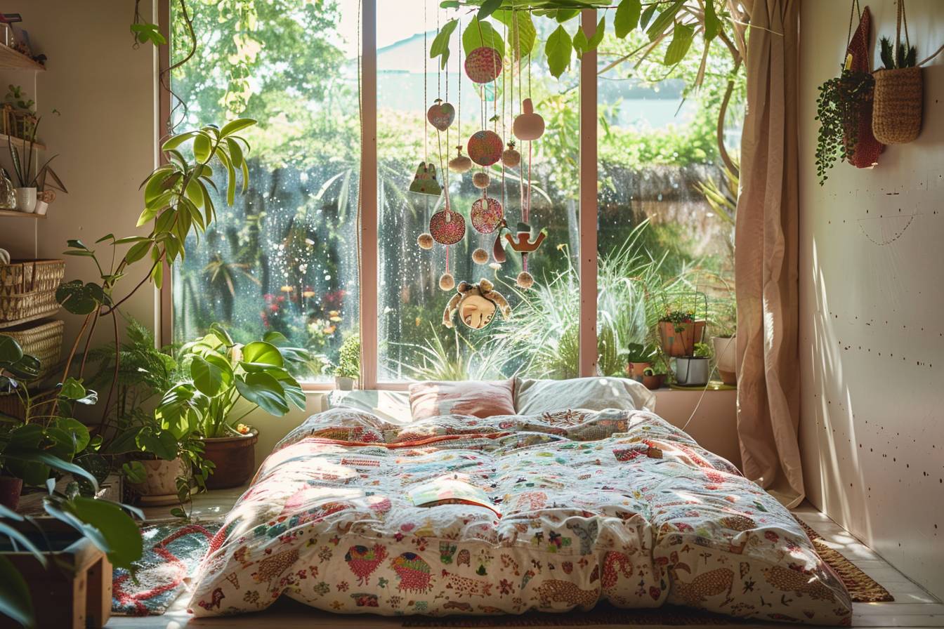 Enfant souriant dans une chambre colorée décorée avec des matériaux recyclés, illustrant une conception éco-responsable pour petits rêveurs créatifs