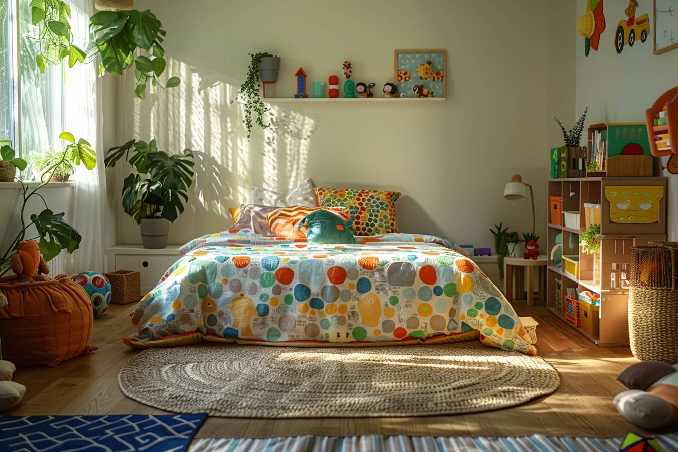 Chambre d'enfant décorée avec des jouets et meubles faits de matériaux recyclés dans un espace de jeu coloré et écologique